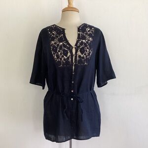 Japanese luxury brand navy linen/lace placard front button self tie short top 6